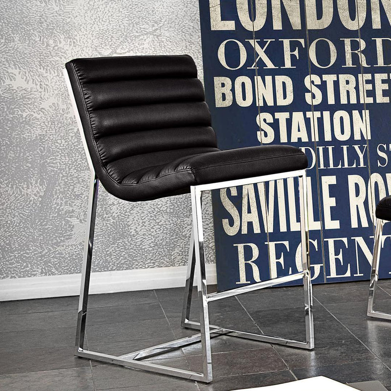 Leatherette Counter Height Chair with Channel Tufting Details and Metal Frame, Black and Silver-Bar Chairs-Black and Silver-Faux Leather and Steel-JadeMoghul Inc.