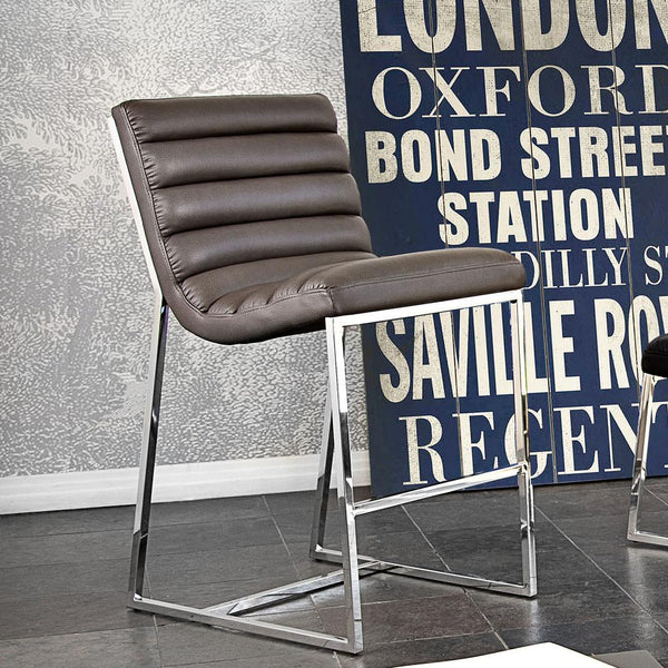 Leatherette Counter Height Chair with Channel Tufting Details and Metal Frame, Gray and Silver-Bar Chairs-Gray and Silver-Faux Leather and Steel-JadeMoghul Inc.