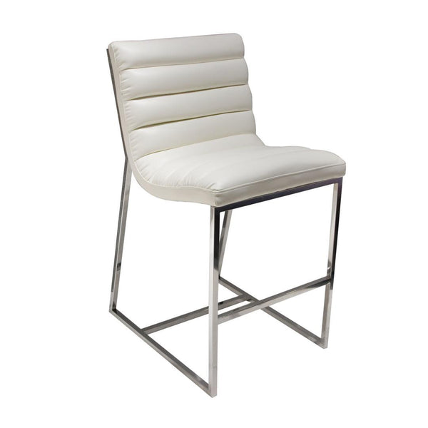 Leatherette Counter Height Chair with Channel Tufting Details and Metal Frame, White and Silver-Bar Chairs-White and Silver-Faux Leather and Steel-JadeMoghul Inc.