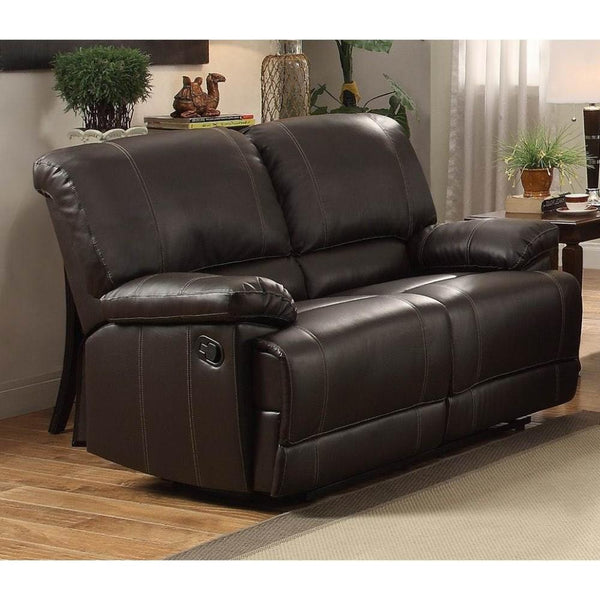 Leatherette Double Reclining Loveseat with Padded Armrest, Dark Brown-Living Room Furniture-Brown-Leather-JadeMoghul Inc.