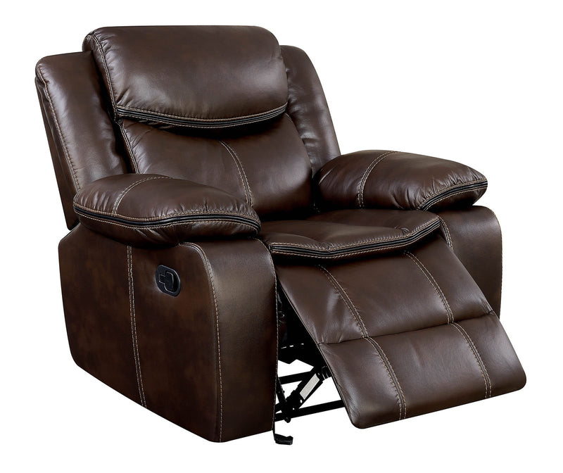Leatherette Glider Recliner Chair With Large Padded Arms In Brown-Living Room Furniture-Brown-Leather And Metal-JadeMoghul Inc.