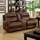 Leatherette Love Seat With Console and 2 Recliners, Brown