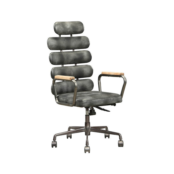 Leatherette Metal Swivel Executive Chair with Five Horizontal Panels Backrest, Gray-Office Chairs-Black-Faux Leather, Metal , Engineered Wood-JadeMoghul Inc.