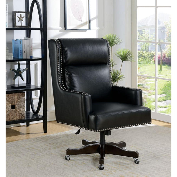 Leatherette Office Chair with Slit Back Cushions and Nail head Trim, Black-Accent Chairs-Black-Leatherette and Metal-JadeMoghul Inc.