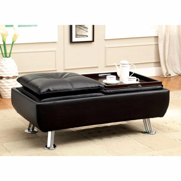 Leatherette Ottoman With Tray, Black