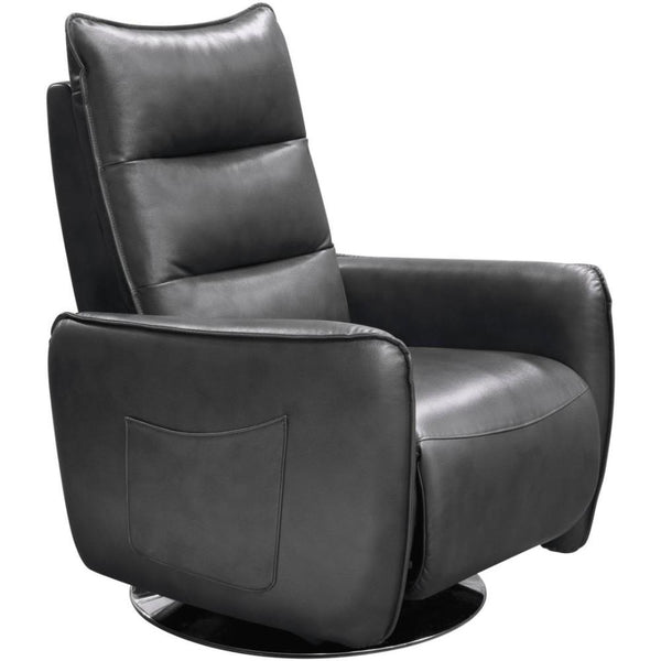 Leatherette Push Back Reclining Accent Chair with Straight Armrest and Swivel Metal Base, Gray-Accent Chairs-Gray-Faux Leather and Metal-JadeMoghul Inc.