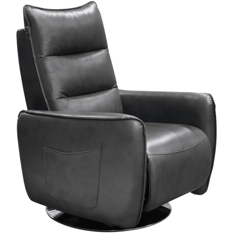 Leatherette Push Back Reclining Accent Chair with Straight Armrest and Swivel Metal Base, Gray-Accent Chairs-Gray-Faux Leather and Metal-JadeMoghul Inc.