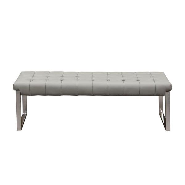 Leatherette Upholstered Bench with Button Tufted Seat and Stainless Steel Base, Gray and Silver