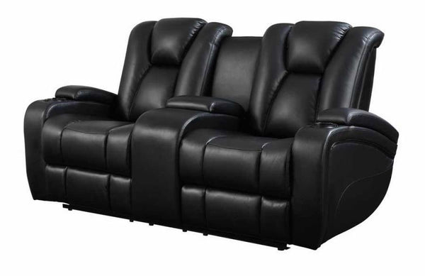 Leatherette Upholstered Contemporary Power Reclining Loveseat With Gadgets,Black-Living Room Furniture-Black-Leatherette/ Wood-JadeMoghul Inc.