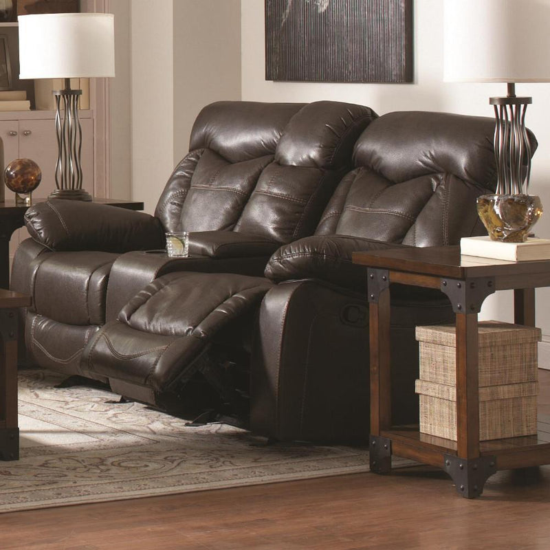 Leatherette Upholstered Contemporary Reclining Love Seat With Cup Holders, Brown-Living Room Furniture-Brown-Leatherette/ Wood-JadeMoghul Inc.