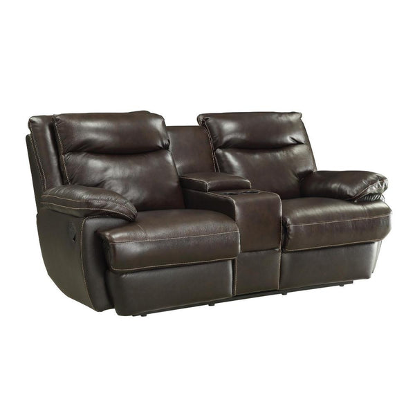 Leatherette Upholstered Contemporary Reclining Motion Console Loveseat, Black-Living Room Furniture-Brown-Top Grain Leather/Wood-JadeMoghul Inc.