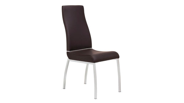 Leatherette Upholstered Dining Chair with Polished Steel Legs, Set of Two, Brown and Silver-Dining Chairs-Brown and Silver-Faux Leather and Stainless Steel-JadeMoghul Inc.