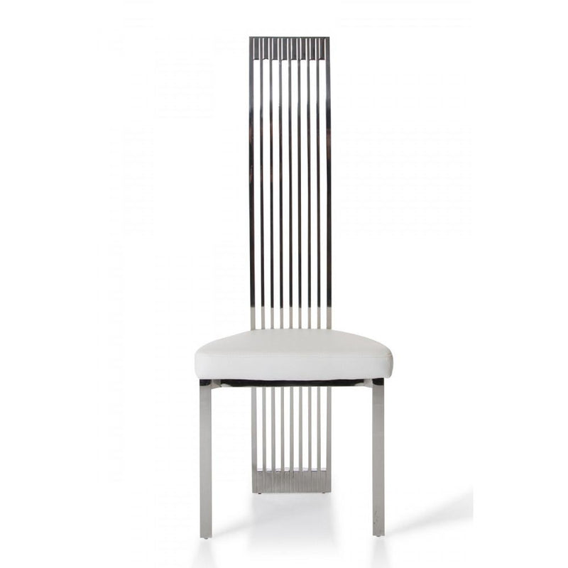 Leatherette Upholstered Dining Chair with Vertical Slat Back Design, White and Silver-Dining Furniture-Silver and White-Metal and faux Leather-JadeMoghul Inc.