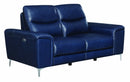 Leatherette Upholstered Dual Reclining Loveseat with Metal Legs and USB Port, Blue-Sofas Sectionals & Loveseat-Blue-Faux Leather, PVC, pinewood, stainless steel-JadeMoghul Inc.