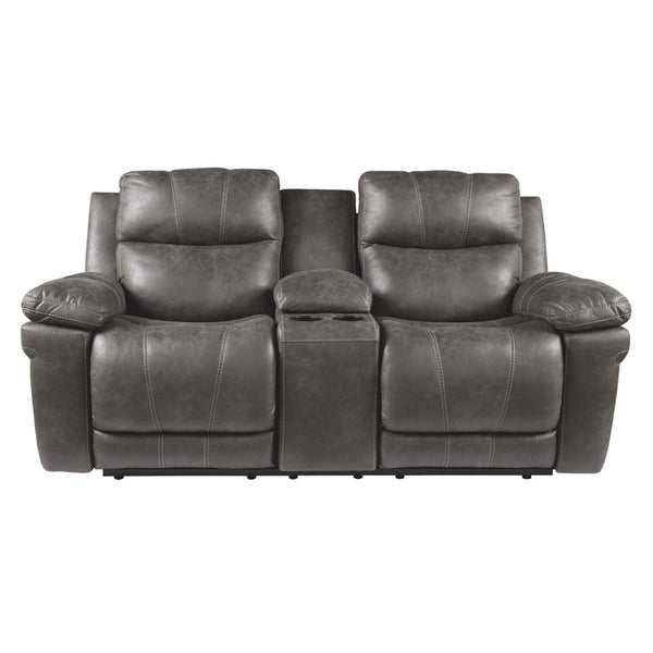 Leatherette Upholstered Metal Double Reclining Power Loveseat with Console, Gray