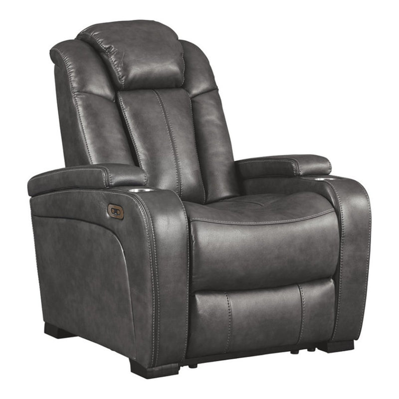 Leatherette Upholstered Metal Power Recliner with Adjustable Headrest, Gray