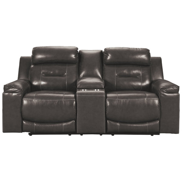 Leatherette Upholstered Metal Power Reclining Loveseat with Adjustable Headrest, Gray