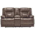 Leatherette Upholstered Metal Power Reclining Loveseat with Storage Console and USB Port, Brown