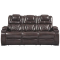 Leatherette Upholstered Metal Power Reclining Sofa with Adjustable Headrest, Brown