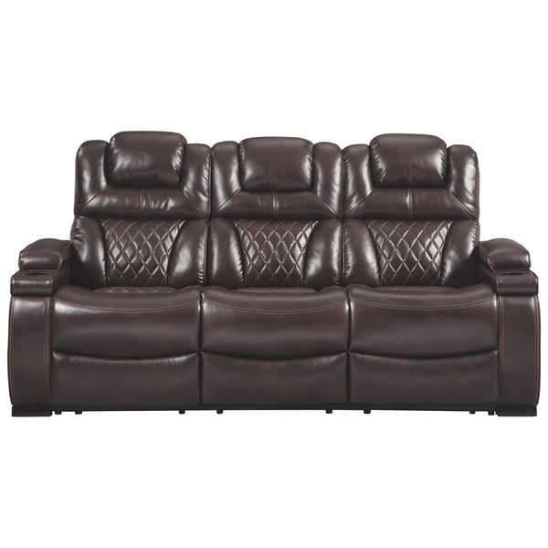 Leatherette Upholstered Metal Power Reclining Sofa with Adjustable Headrest, Brown