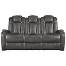 Leatherette Upholstered Metal Power Reclining Sofa with Adjustable Headrest, Gray