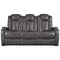 Leatherette Upholstered Metal Power Reclining Sofa with Adjustable Headrest, Gray