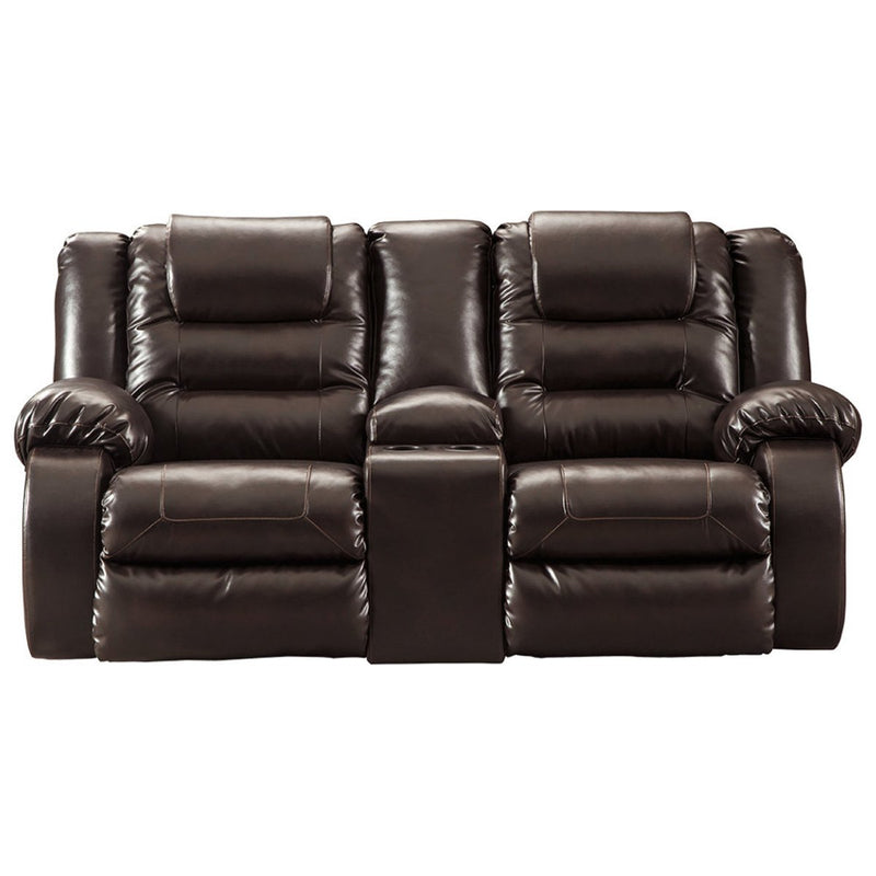 Leatherette Upholstered Metal Reclining Loveseat with Lift Top Storage Console, Brown