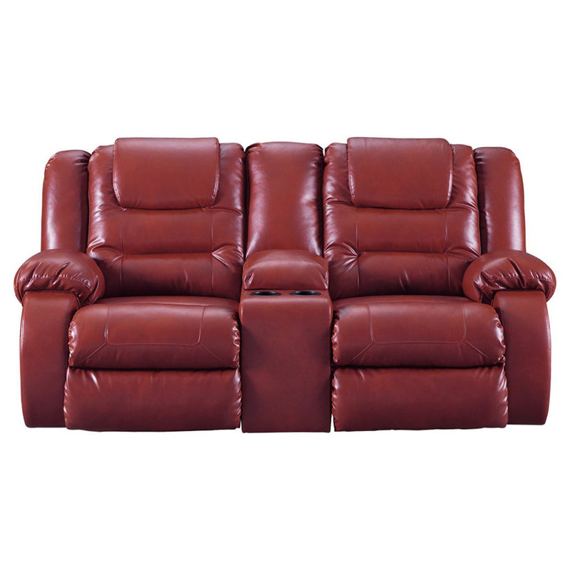 Leatherette Upholstered Metal Reclining Loveseat with Lift Top Storage Console, Red