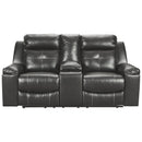 Leatherette Upholstered Metal Reclining Loveseat with Storage Console and LED Lighting, Black