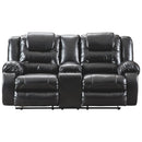 Leatherette Upholstered Metal Reclining Loveseat with Storage Console, Black