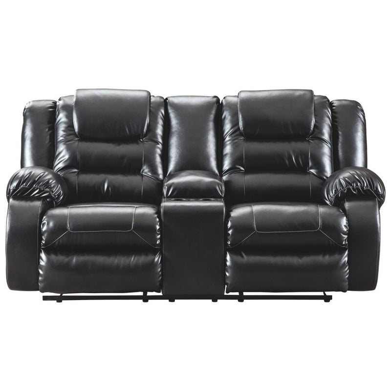 Leatherette Upholstered Metal Reclining Loveseat with Storage Console, Black