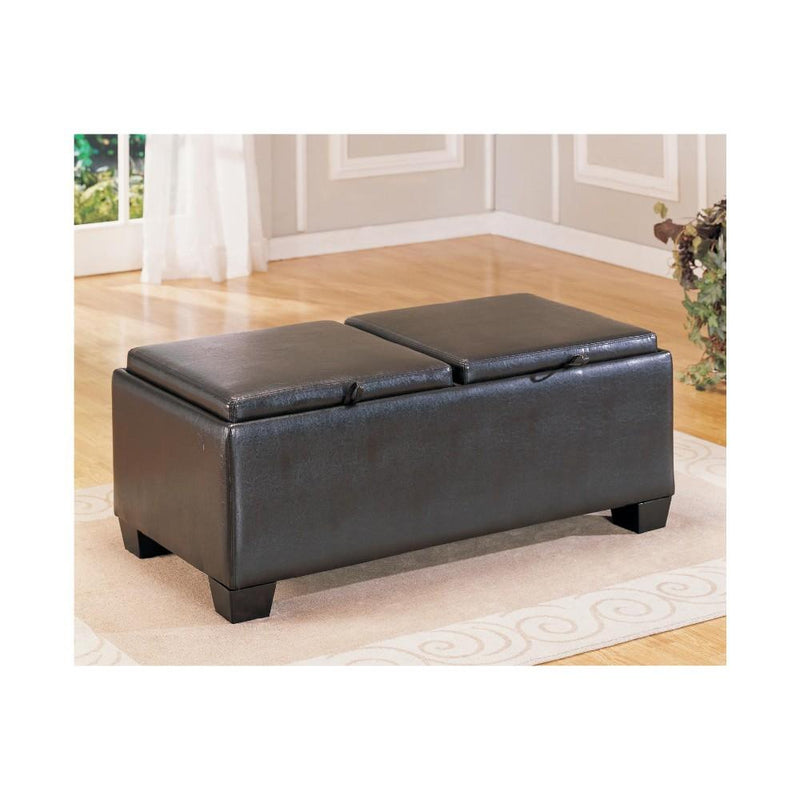 Leatherette Upholstered Storage Wooden Cocktail Ottoman With 2 Fliptops, Black-Ottoman-Black-Wood & Leatherette-JadeMoghul Inc.