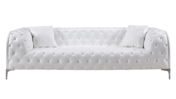 Leatherette Upholstered Tufted Sofa with Accent Pillows and Steel Feet, White-Sofas Sectionals & Loveseats-White-Wood, Faux Leather, Stainless Steel-JadeMoghul Inc.