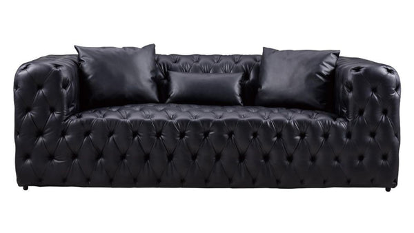 Leatherette Upholstered Tufted Sofa with Low Back and Accent Pillows, Black-Sofas Sectionals & Loveseats-Black-Wood, Faux Leather-JadeMoghul Inc.