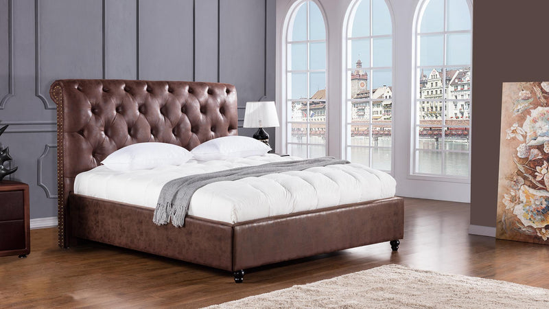 Leatherette Upholstered Wooden California King Size Bed with Button Tufted Headboard, Brown-Bedroom Sets-Brown-Wood, Faux Leather-JadeMoghul Inc.