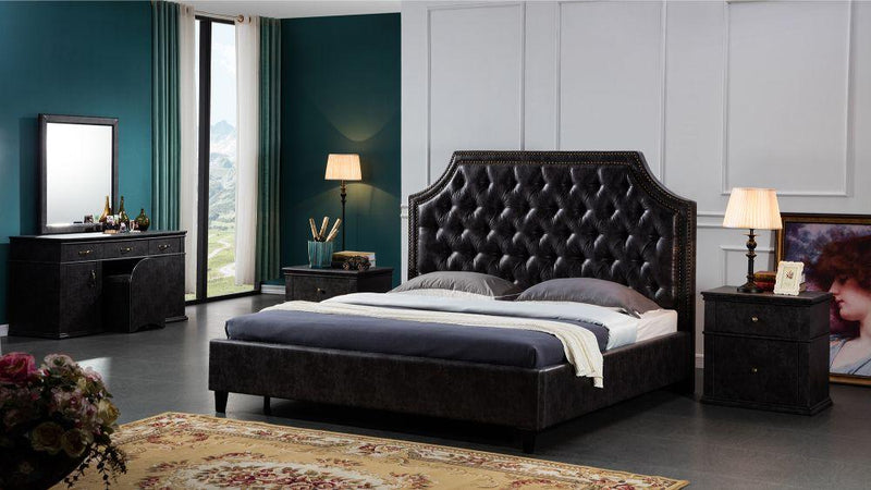 Leatherette Upholstered Wooden California King Sized Bed with Nail head Trim, Dark Gray-Bedroom Sets-Gray-Faux leather and wood-JadeMoghul Inc.