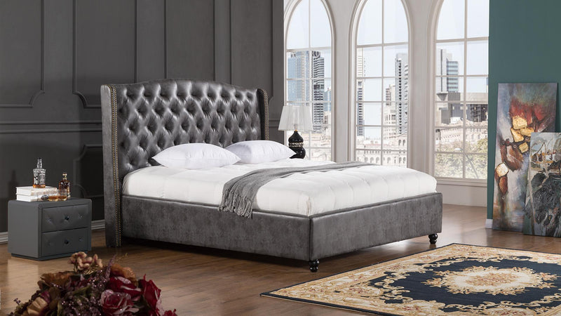 Leatherette Upholstered Wooden Eastern King Size Bed with Tufted Winged Headboard, Dark Gray-Bedroom Sets-Dark Gray-Wood, Faux Leather-JadeMoghul Inc.