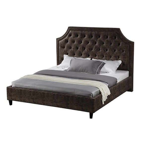 Leatherette Upholstered Wooden Eastern King Sized Bed with Tufted Headboard, Brown-Bedroom Sets-Brown-Faux leather and wood-JadeMoghul Inc.