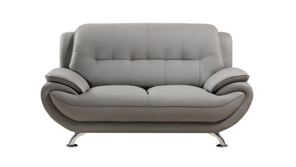 Leatherette Upholstered Wooden Loveseat with Bustle Back and Stainless Steel Legs, Gray-Sofas Sectionals & Loveseats-Gray-Wood, stainless steel and faux leather-JadeMoghul Inc.