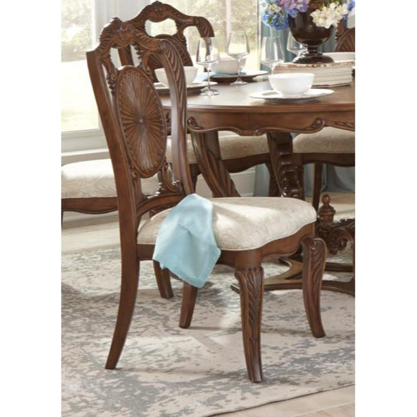 Leatherette Upholstered Wooden Side Chair with Scrolled Crown, Brown and Cream, Set of Two-Accent Chairs-Brown and Cream-Wood and Bi-Cast Leather-JadeMoghul Inc.