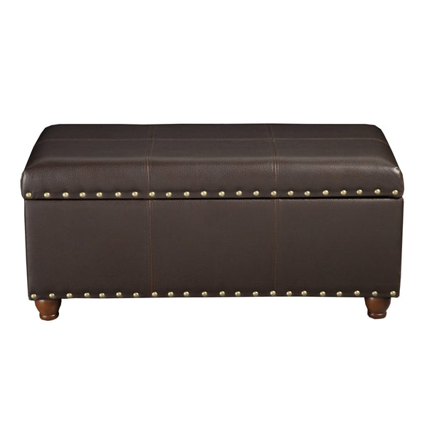 Leatherette Upholstered Wooden Storage Bench with Nail Head Trim Accent, Espresso Brown