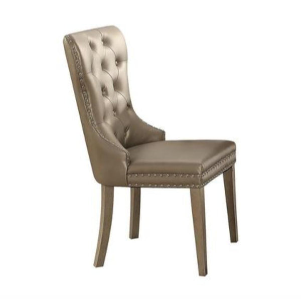 Leatherette Wooden Side Chair with Button Tufted Curved Back, Set of 2, Champagne Silver-Accent Chairs-Silver-Wood and Polyurethane-JadeMoghul Inc.