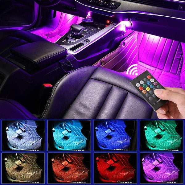 LED Car Foot Light Ambient Lamp With USB Wireless Remote Music Control Multiple Modes Automotive Interior Decorative Lights AExp