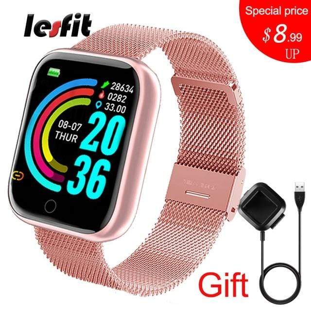 Lesfit Pink Smart Watch Women Men Smartwatch For Android IOS Bluetooth Steel Strap Smart-watch Watch Electronic Fitness Tracker AExp