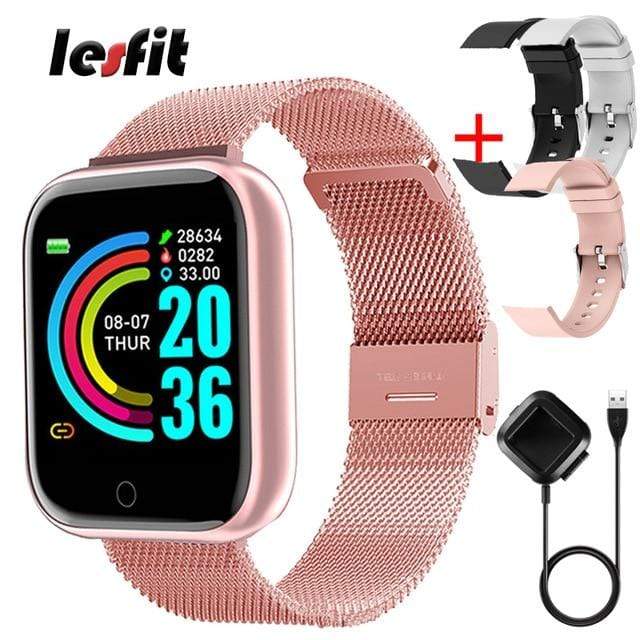 Lesfit Pink Smart Watch Women Men Smartwatch For Android IOS Bluetooth Steel Strap Smart-watch Watch Electronic Fitness Tracker AExp