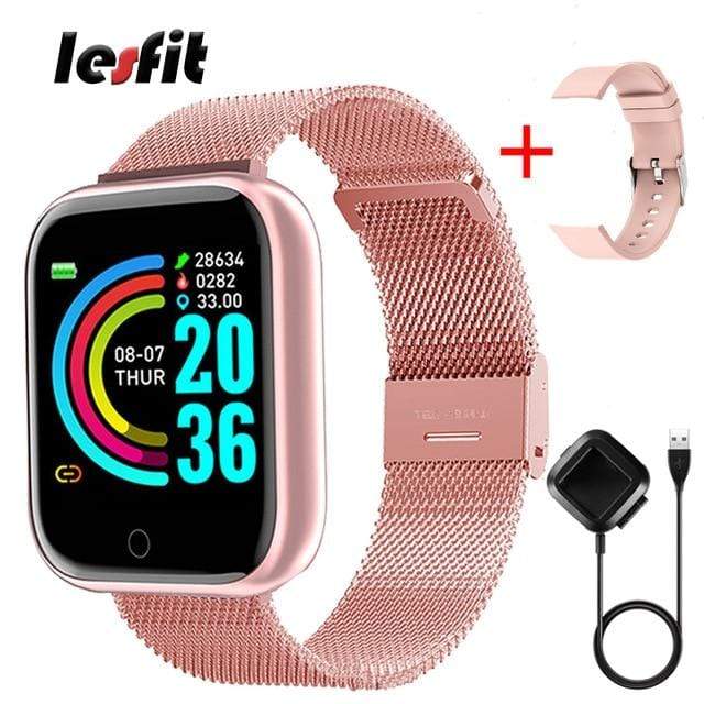 Lesfit Pink Smart Watch Women Men Smartwatch For Android IOS Bluetooth Steel Strap Smart-watch Watch Electronic Fitness Tracker AExp