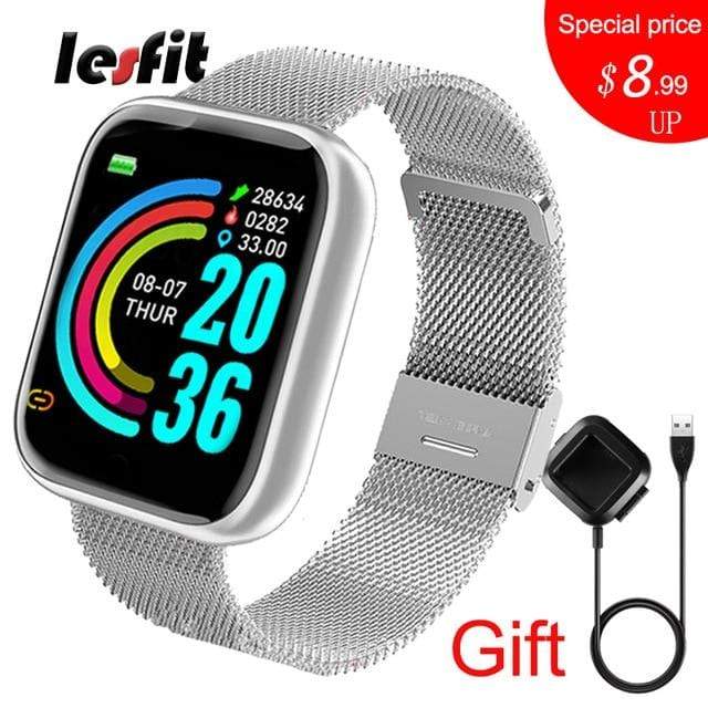 Lesfit Pink Smart Watch Women Men Smartwatch For Android IOS Bluetooth Steel Strap Smart-watch Watch Electronic Fitness Tracker AExp