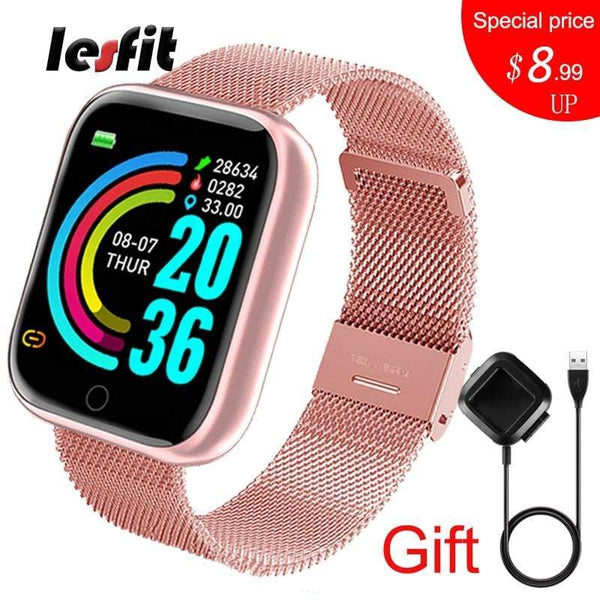 Lesfit Pink Smart Watch Women Men Smartwatch For Android IOS Bluetooth Steel Strap Smart-watch Watch Electronic Fitness Tracker AExp