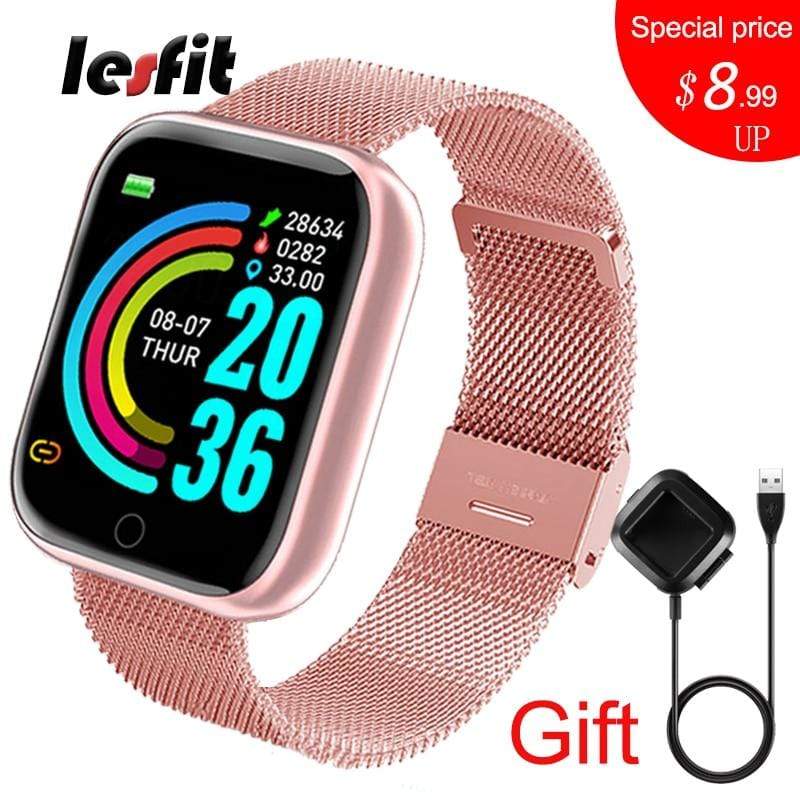 Lesfit Pink Smart Watch Women Men Smartwatch For Android IOS Bluetooth Steel Strap Smart-watch Watch Electronic Fitness Tracker AExp