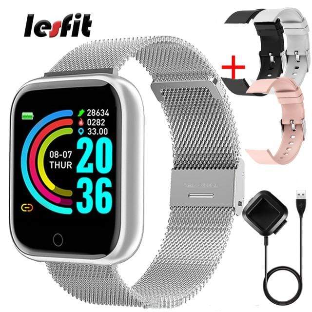 Lesfit Pink Smart Watch Women Men Smartwatch For Android IOS Bluetooth Steel Strap Smart-watch Watch Electronic Fitness Tracker AExp